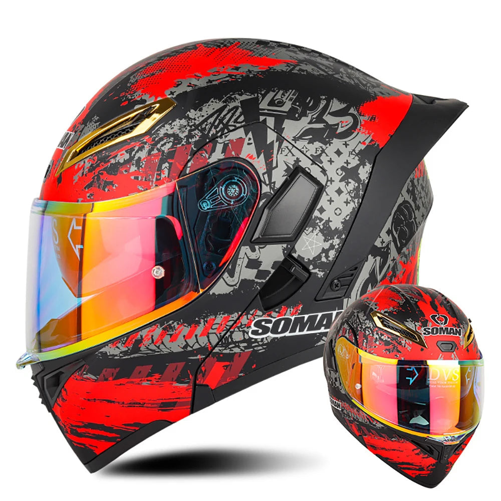 SOMAN Dual Lens Full Face Motorcycle Helmet – DVS Dual Visor, HD Outer Lens, UVA+IR Inner Sunglasses, Multi-Vent