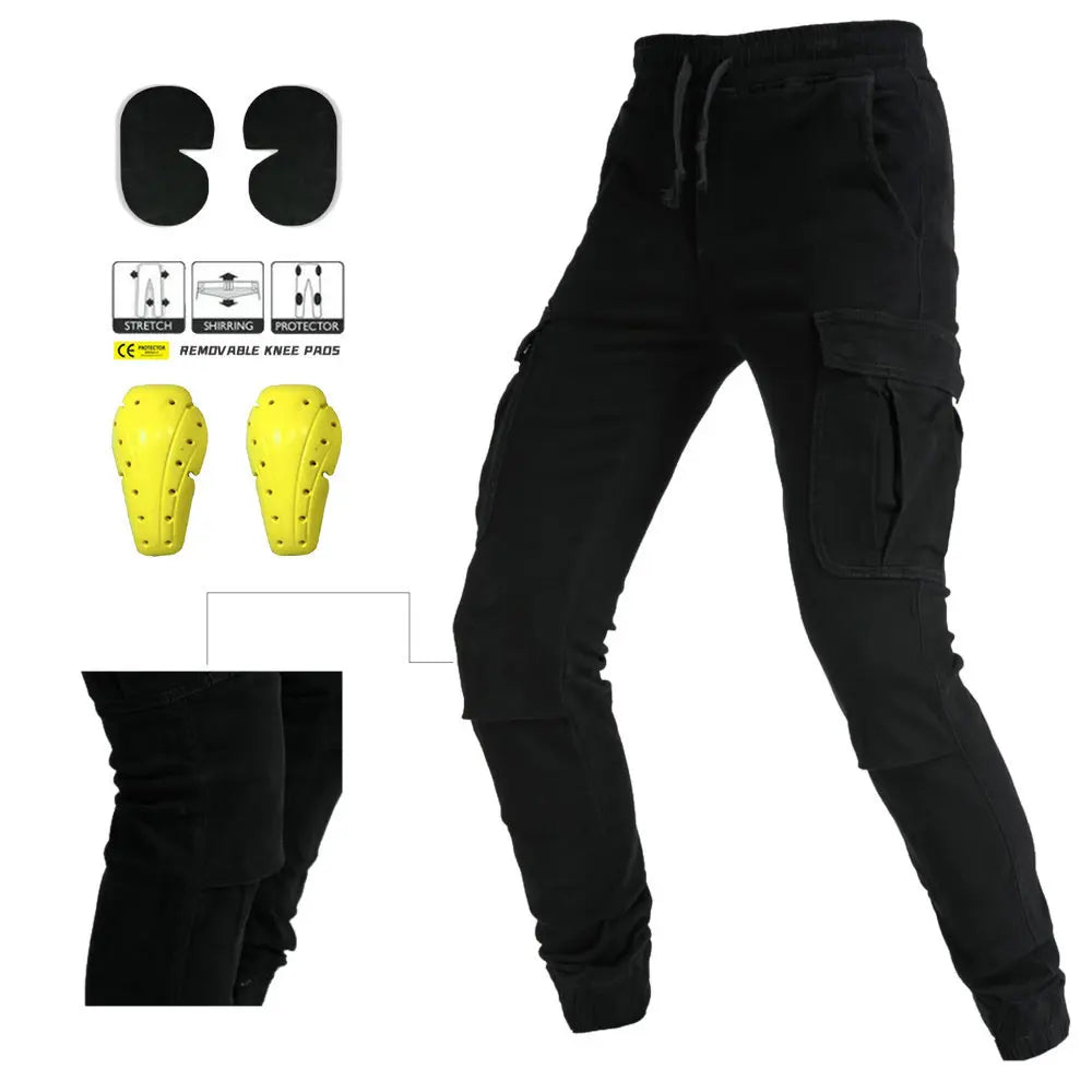 Black cargo pants with knee pads and protective gear on a white background