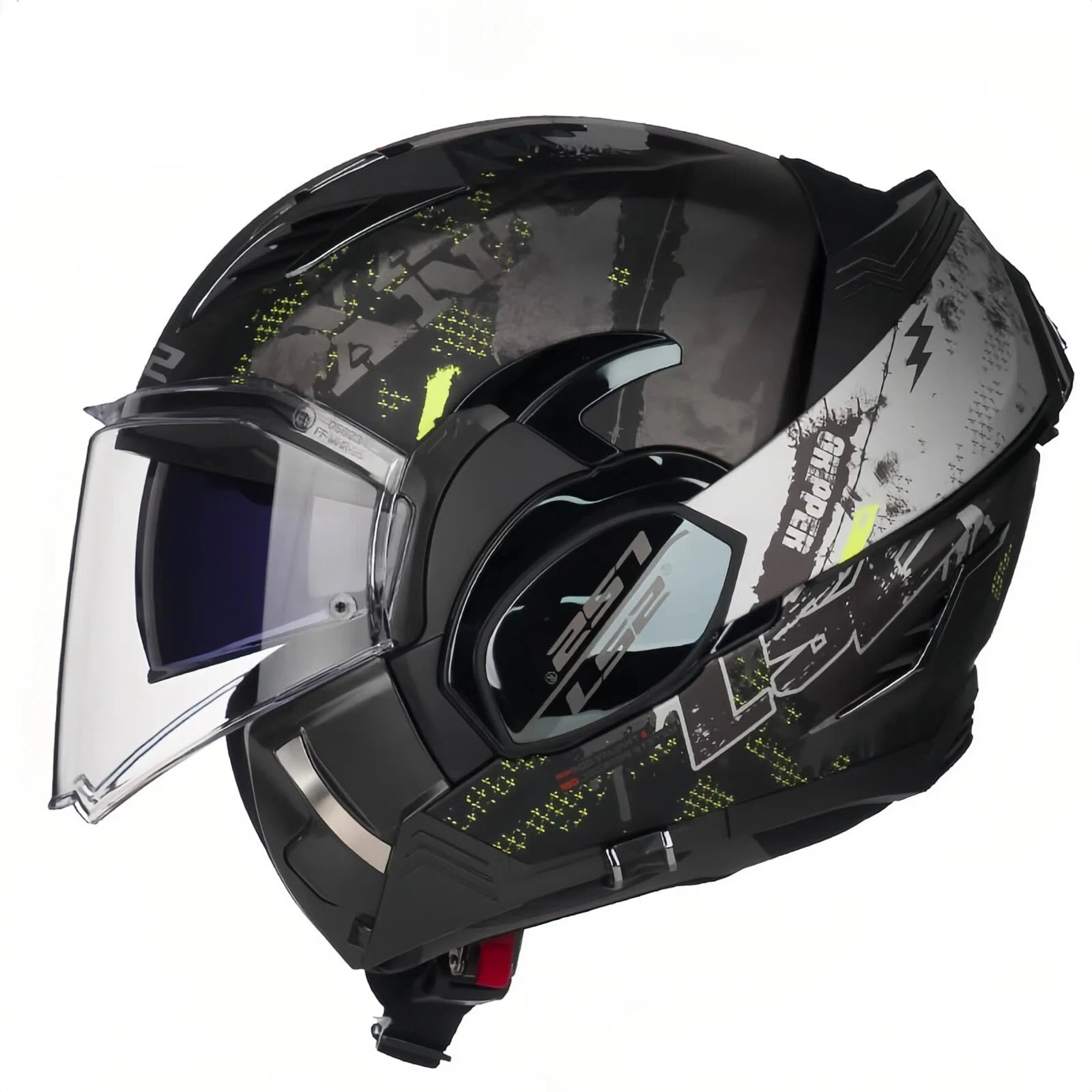 Black motorcycle helmet with visor and LS2 Helmets logo on a white background