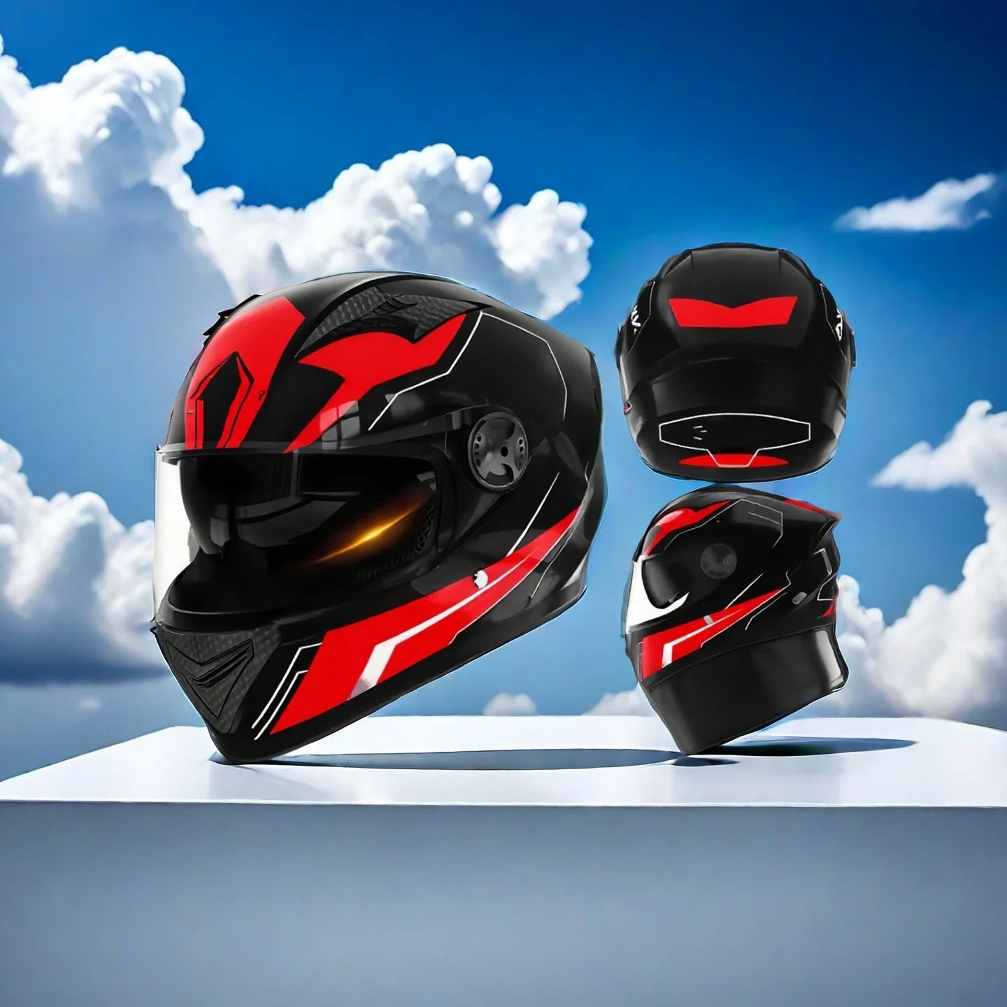 Black and red motorcycle helmet with a blue sky and clouds in the background