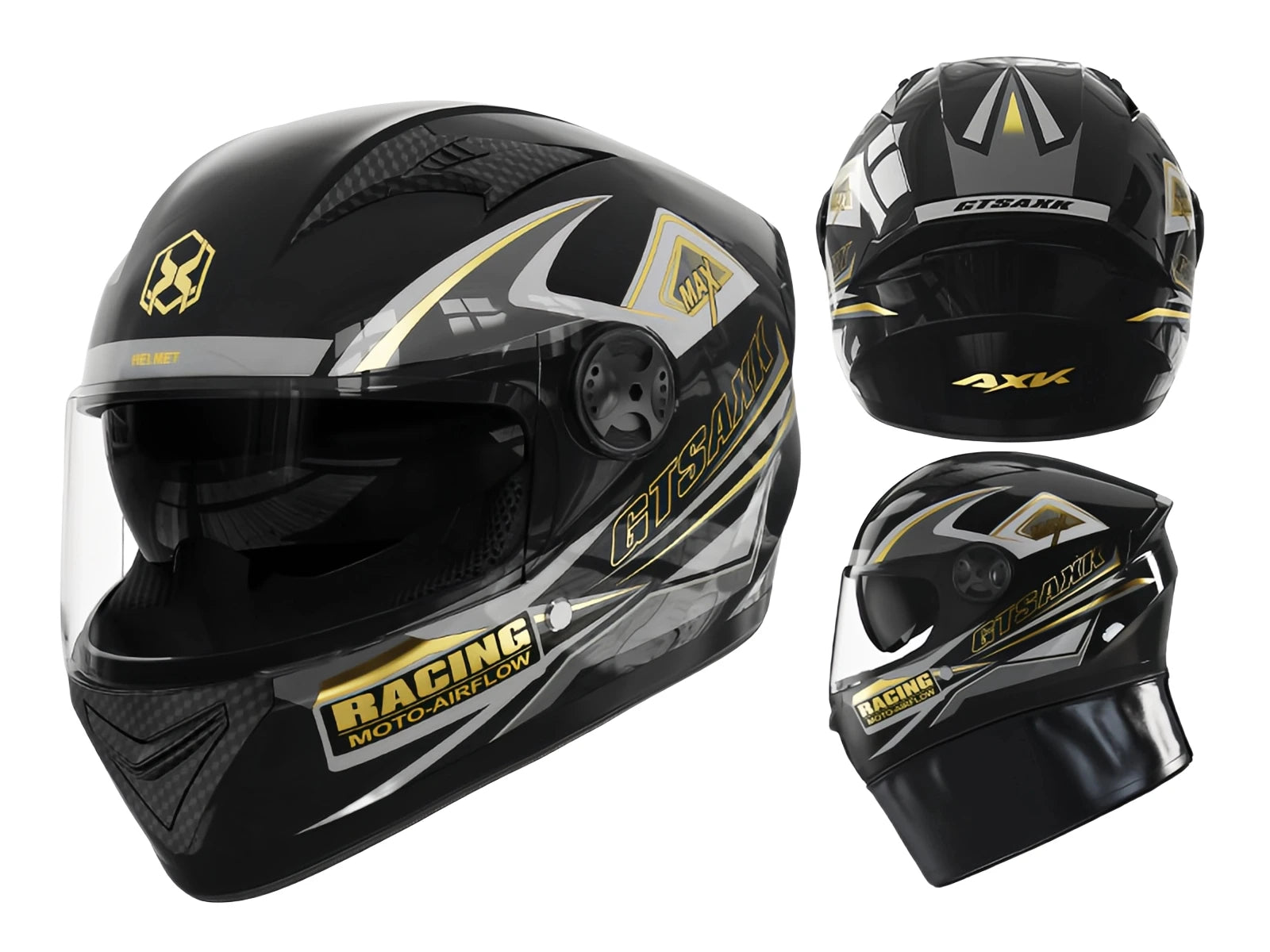 Black and gold racing helmet with visible branding on a white background