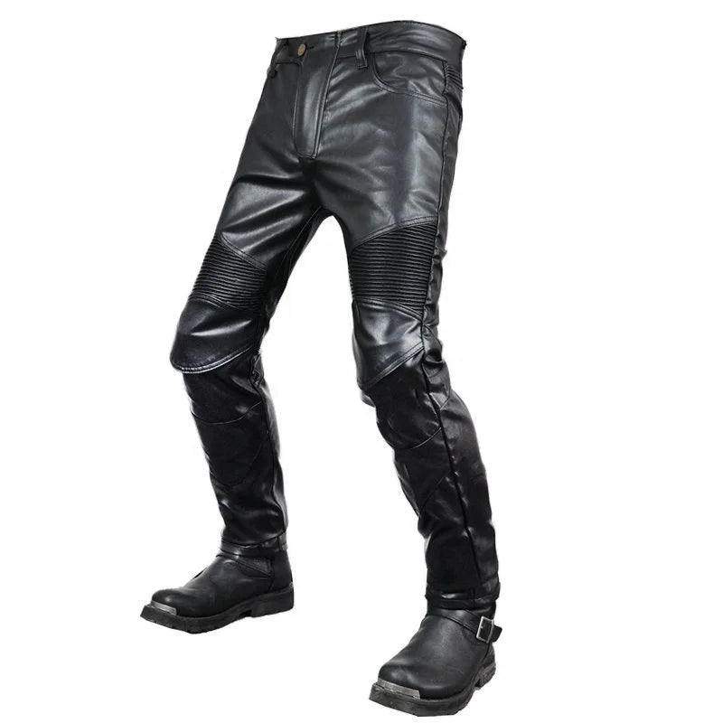 MJMOTO JES-15 Motorcycle PU Leather Pants – Waterproof, Anti-Collision Riding Trousers with CE Protection