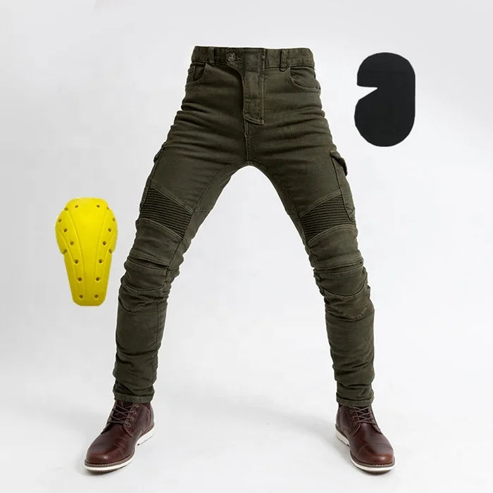 Front view of green motorcycle riding pants with knee and hip armor inserts