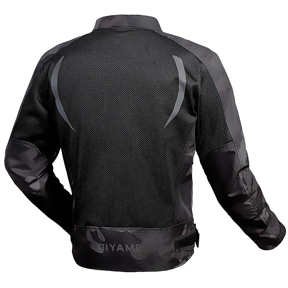 Black motorcycle jacket with mesh back on a white background