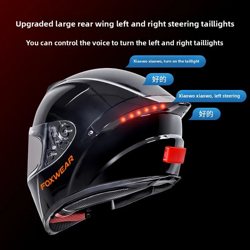 Motorcycle helmet with LED tail lights and control commands on a dark background