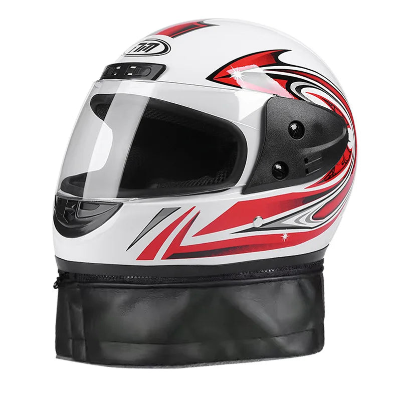 Motorcycle helmet with red and black design on a white background