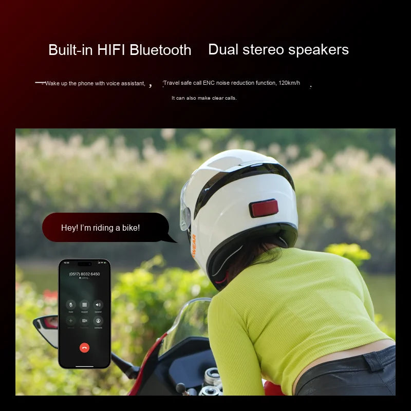 Person wearing a helmet with built-in Bluetooth and speakers, riding a bike with a phone interface overlay.