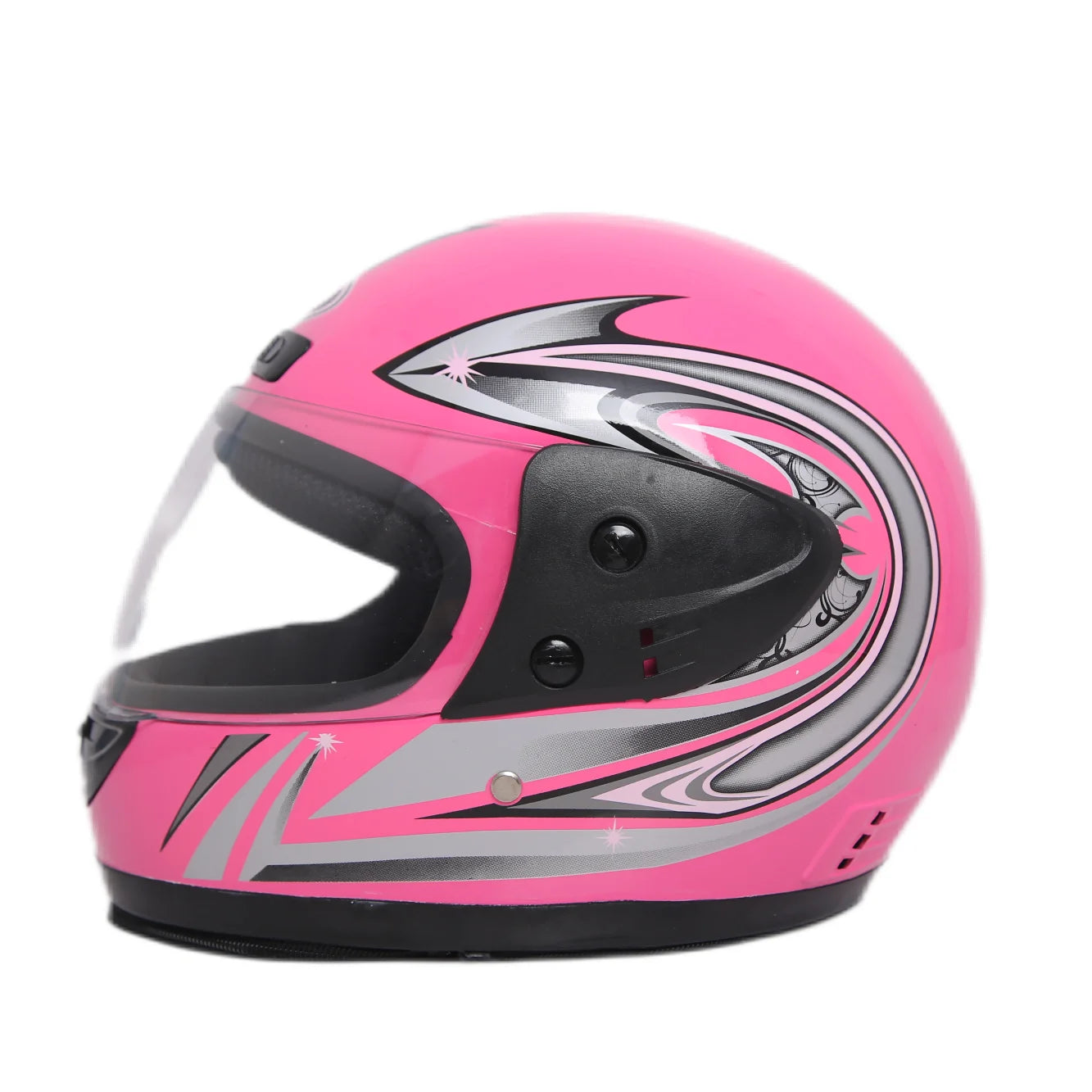 Pink motorcycle helmet with black and gray designs on a white background