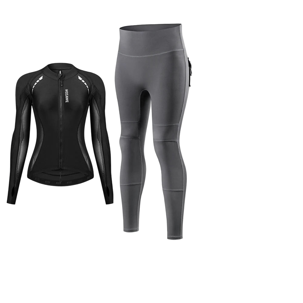 Black long-sleeve top and gray leggings with protective gear pads on a white background