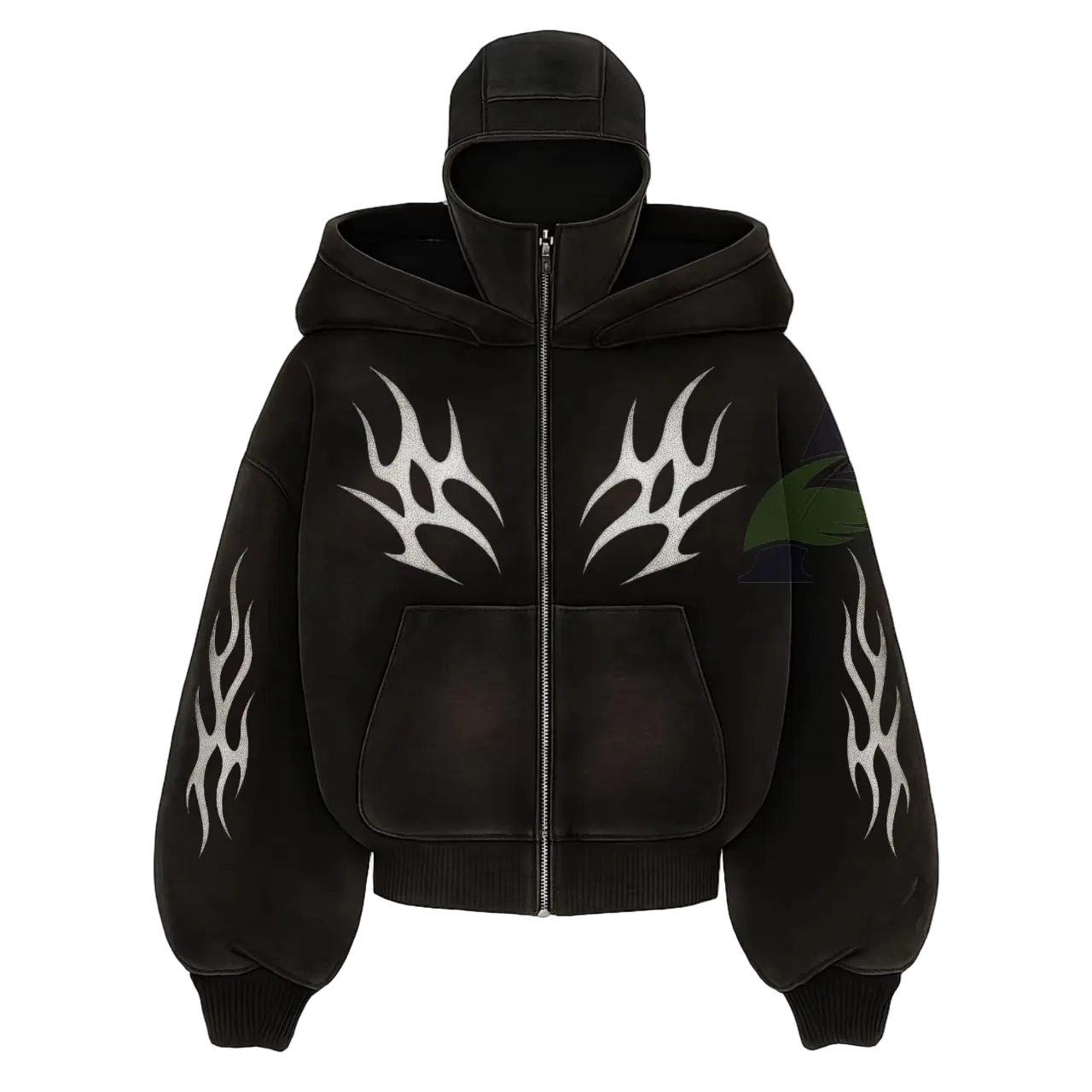 Black hoodie with white flame designs on a white background