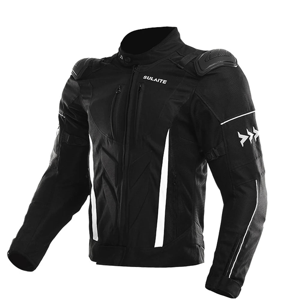 Black motorcycle jacket with white accents on a white background, featuring the Sulaite brand.