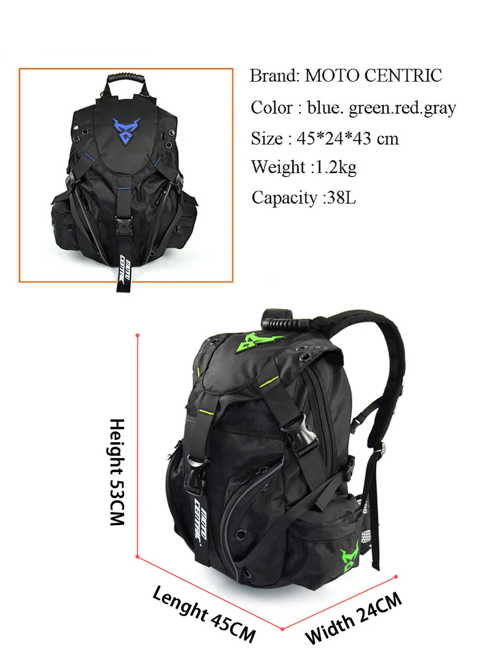 MOTOCENTRIC Motorcycle Helmet Backpack – 38L, Water-Resistant Oxford Nylon, Helmet Storage, Reflective
