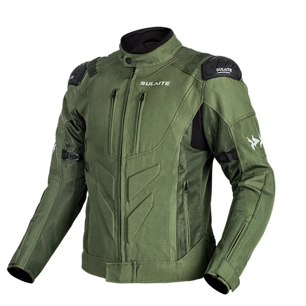 Green motorcycle jacket with Sulaite branding on a white background