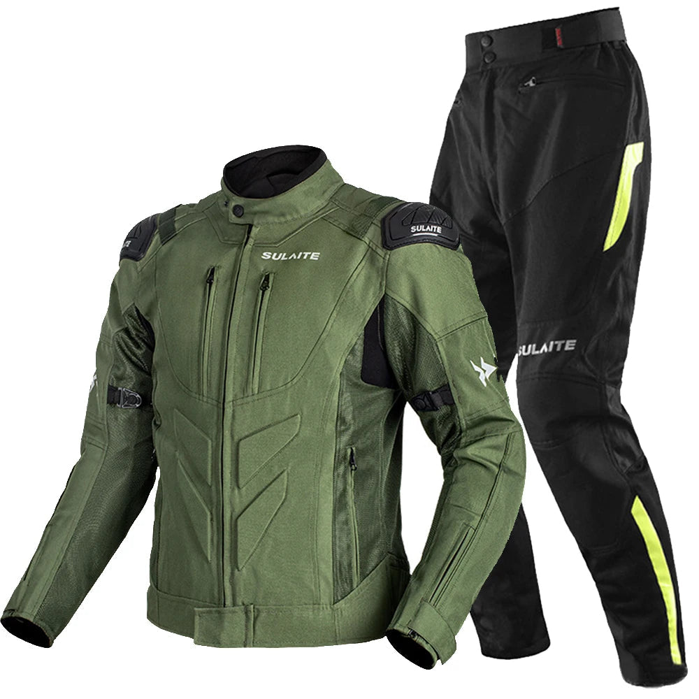 Green motorcycle jacket and black pants with yellow accents on a white background, featuring Sulaite branding.