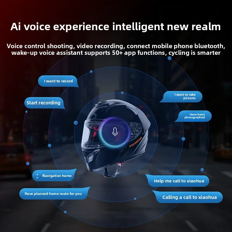 Smart helmet with voice control features on a dark background