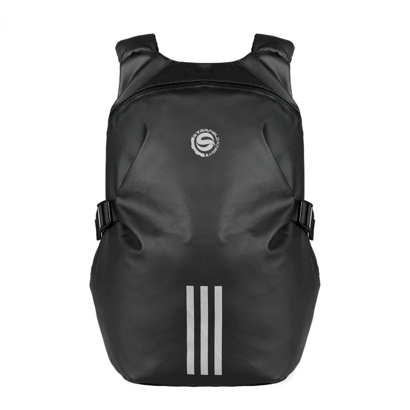 Black backpack with three white stripes on a white background