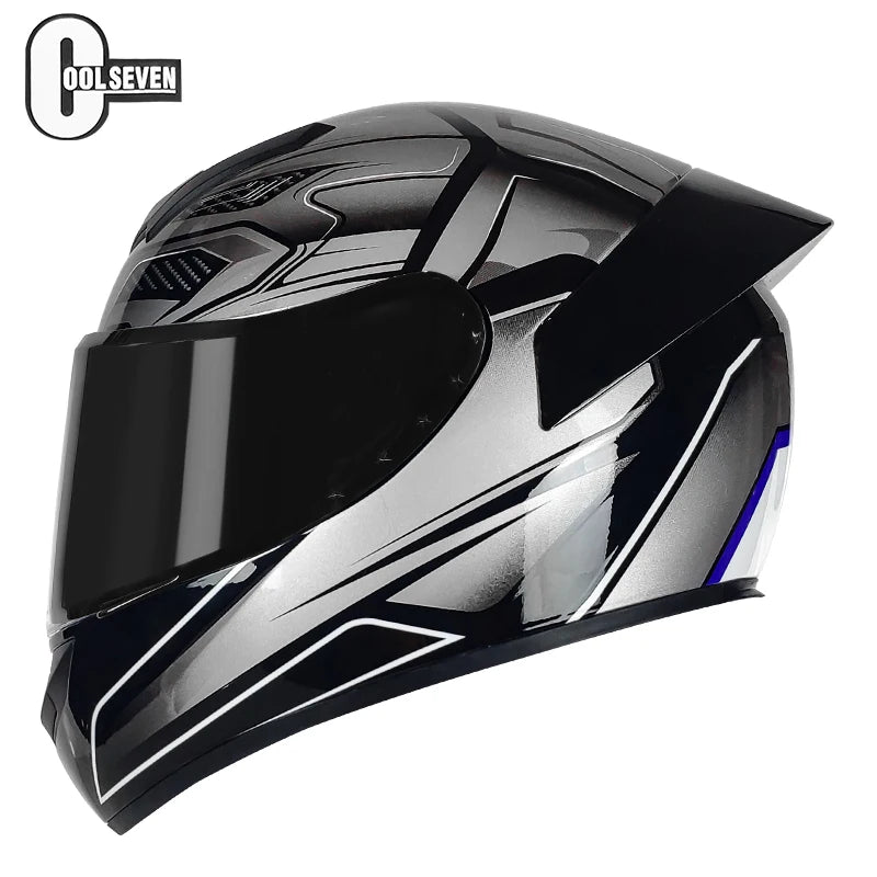 Black and silver motorcycle helmet with a clear visor on a white background, featuring the brand 'Cool Seven'.