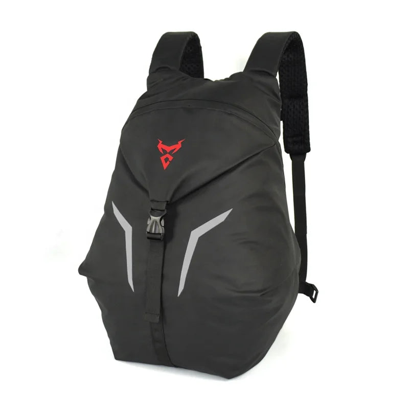 Black backpack with a red logo on a white background
