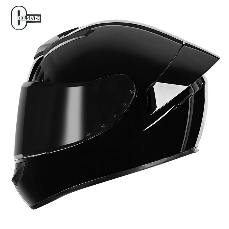 Black motorcycle helmet with visor on a white background