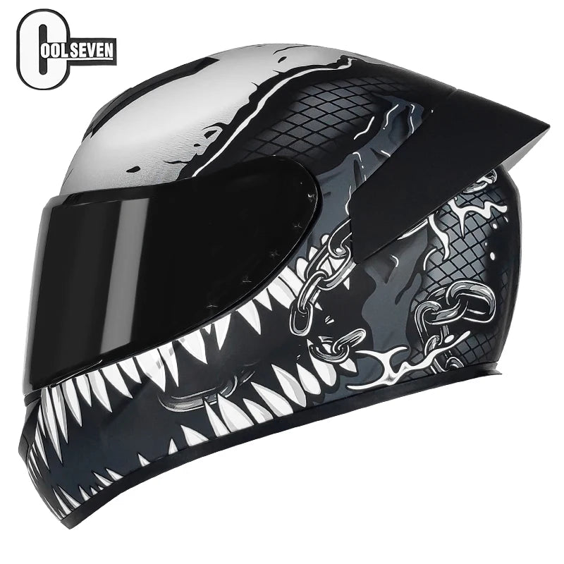 Black and white motorcycle helmet with chain design on a white background, featuring the brand 'Cool Seven'.