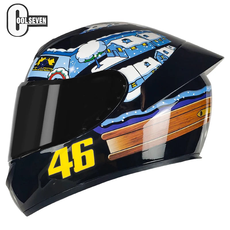 Motorcycle helmet with colourful design and number 46 on a white background