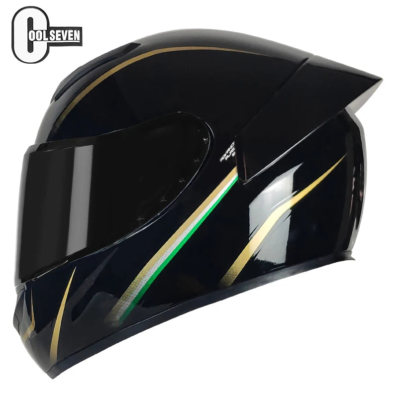 Black motorcycle helmet with gold accents on a white background, featuring the brand 'Cool Seven'.