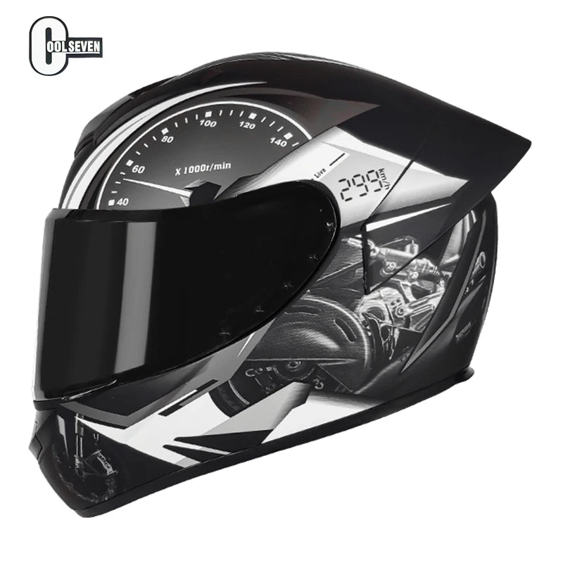 Motorcycle helmet with digital display and visor on a white background