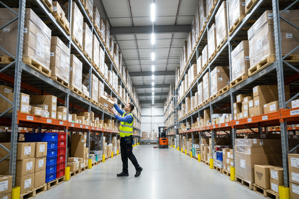 create me warehouse image and an employee walking through to pick up an item to be shipped 