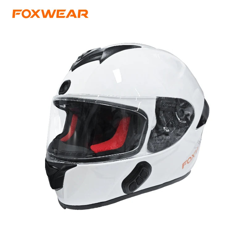White motorcycle helmet with clear visor on a white background, featuring the Foxwear brand.