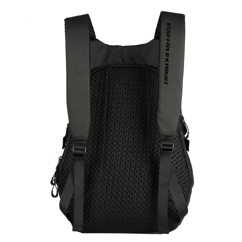 Black backpack with mesh back panel on a white background