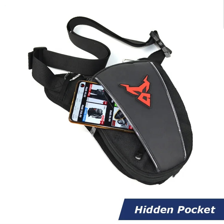 Black waist bag with red logo and hidden pocket on a white background, featuring Moto Central brand.