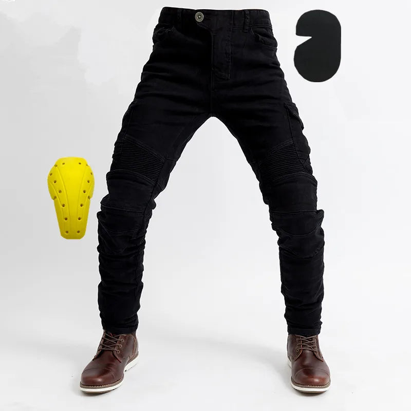 Product image showing black motorcycle riding jeans with removable knee and hip armor