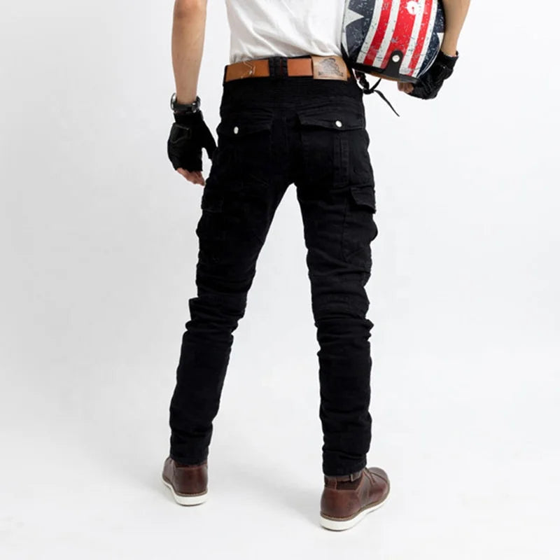 Back view of black motorcycle riding jeans showing fit and rear pocket design