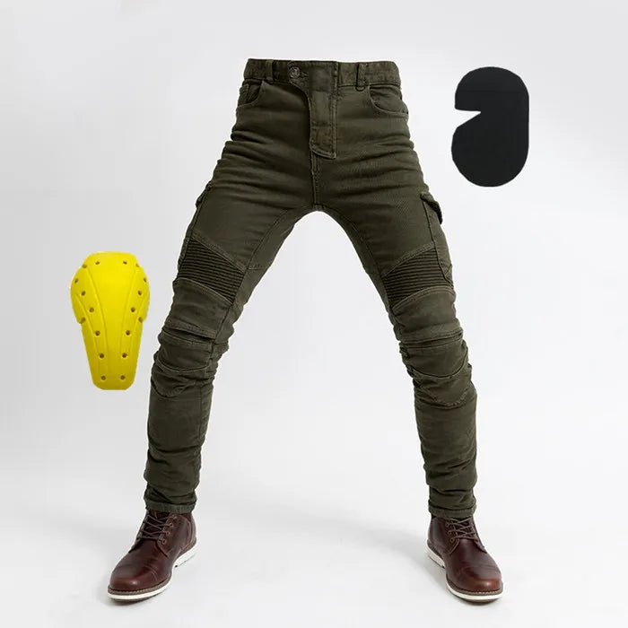 Front view of olive motorcycle riding pants with removable knee and hip armor