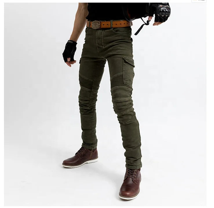 Front view of olive motorcycle riding pants showing slim fit and knee panel design
