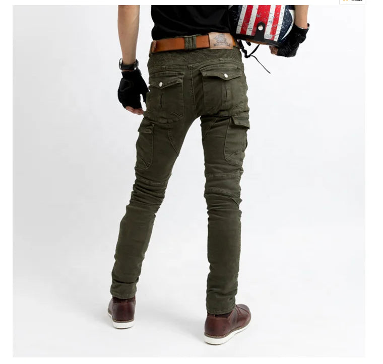 Back view of olive motorcycle riding pants showing fit and rear pocket design