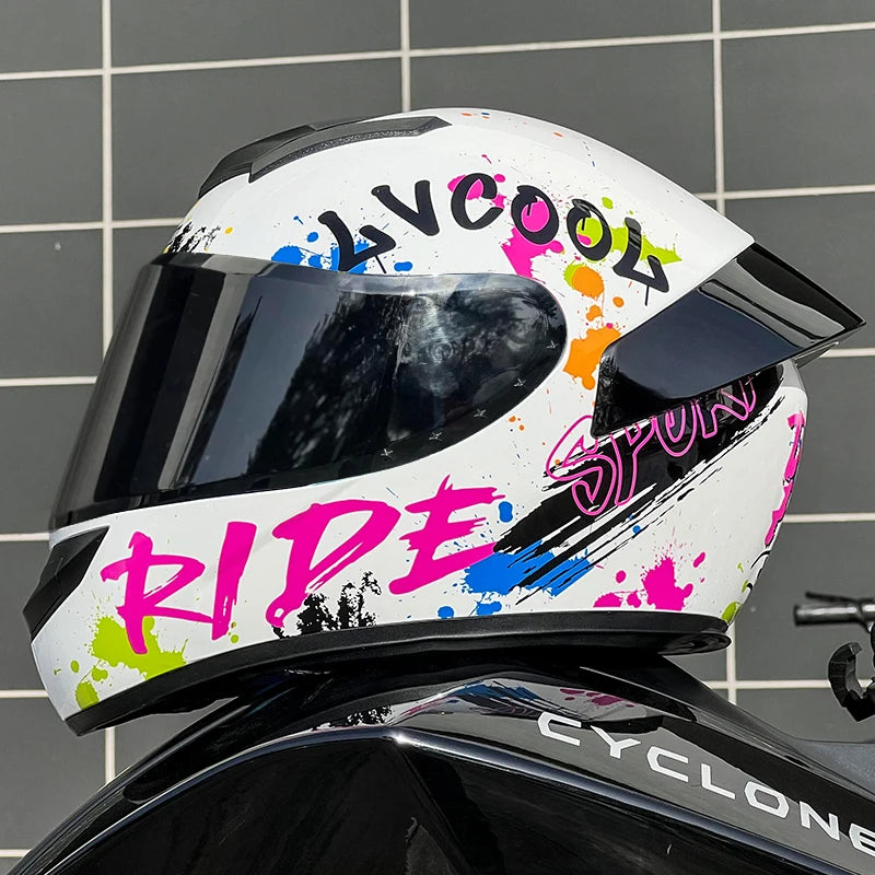 Motorcycle helmet with colourful text and splashes on a tiled wall background