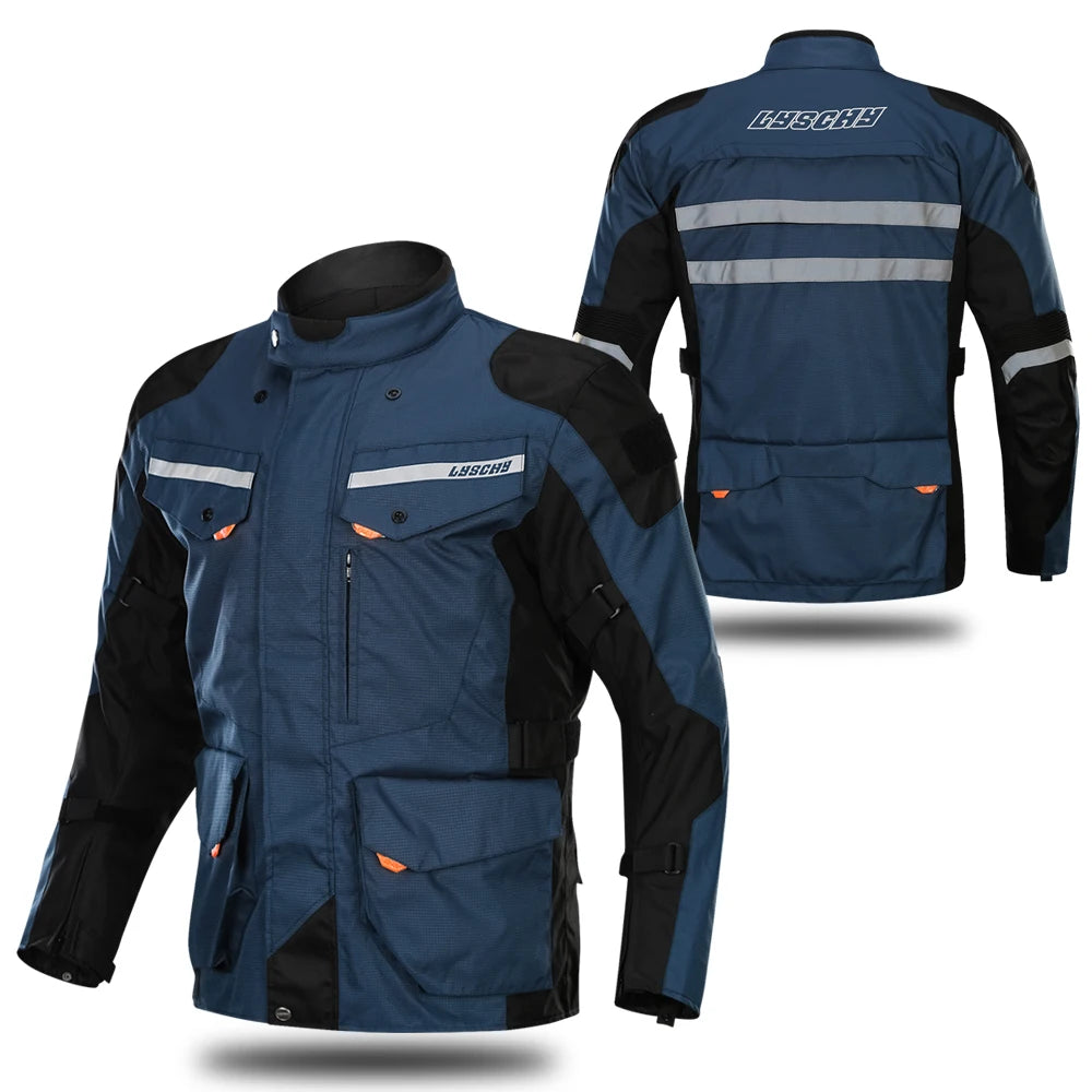 Blue and black motorcycle jacket with reflective stripes on a white background