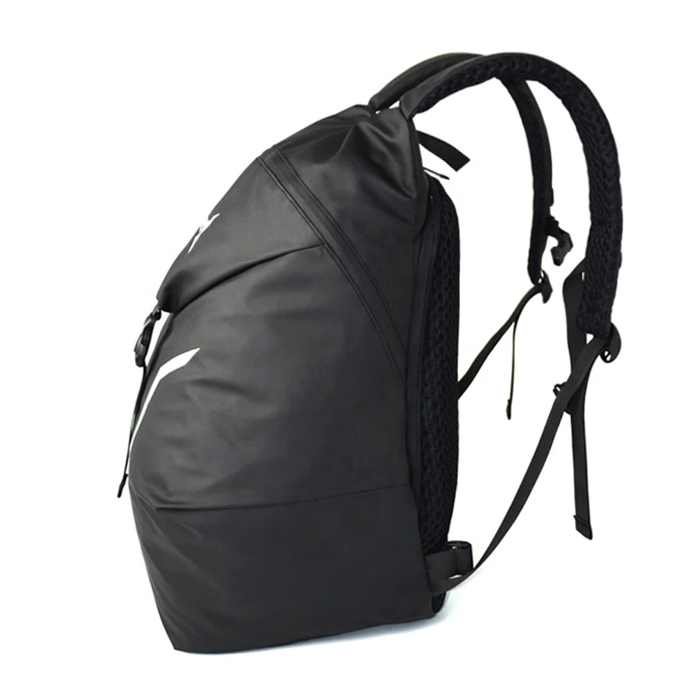 Black backpack with visible brand logo on a white background