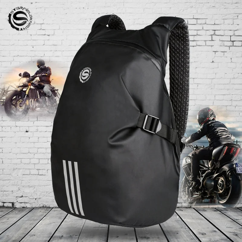 Black backpack with white stripes on a wooden floor with a motorcycle-themed background.