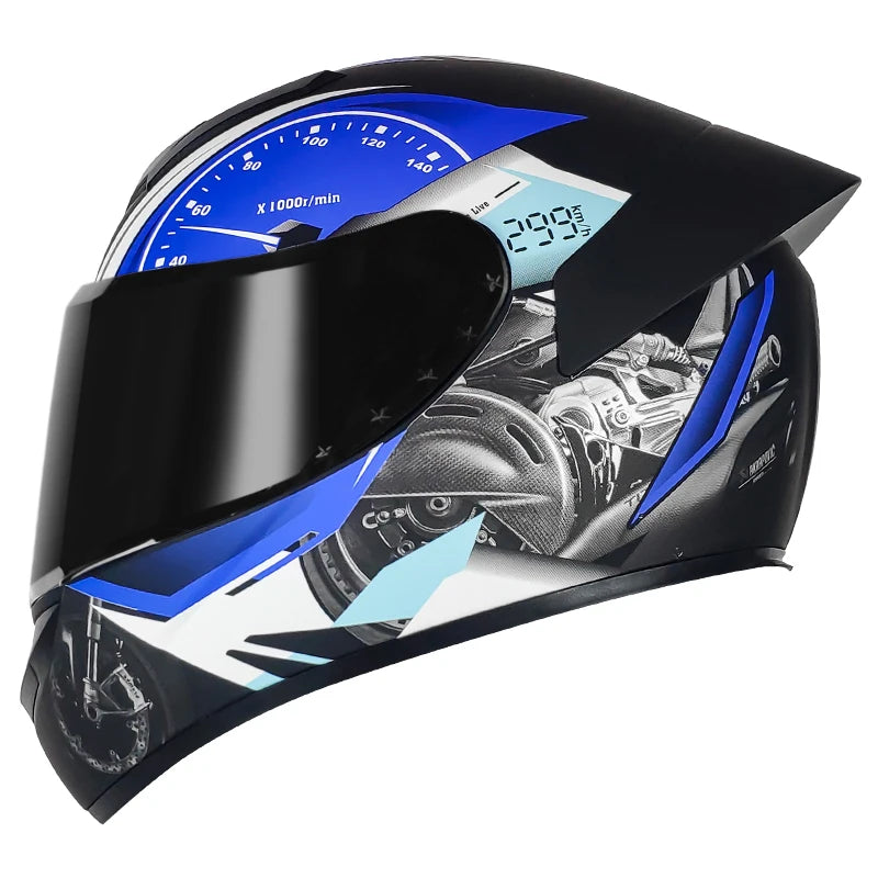 Motorcycle helmet with digital display and engine design on a white background