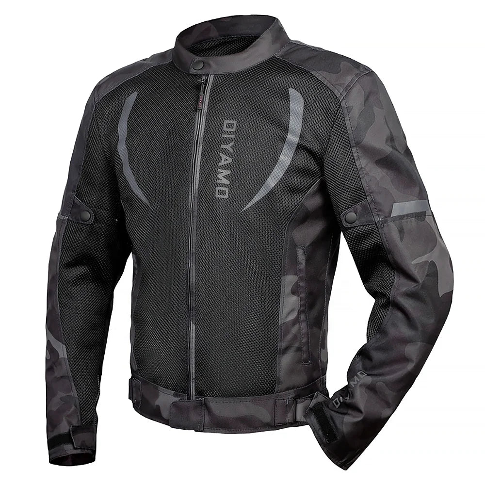 Black motorcycle jacket with mesh design on a white background
