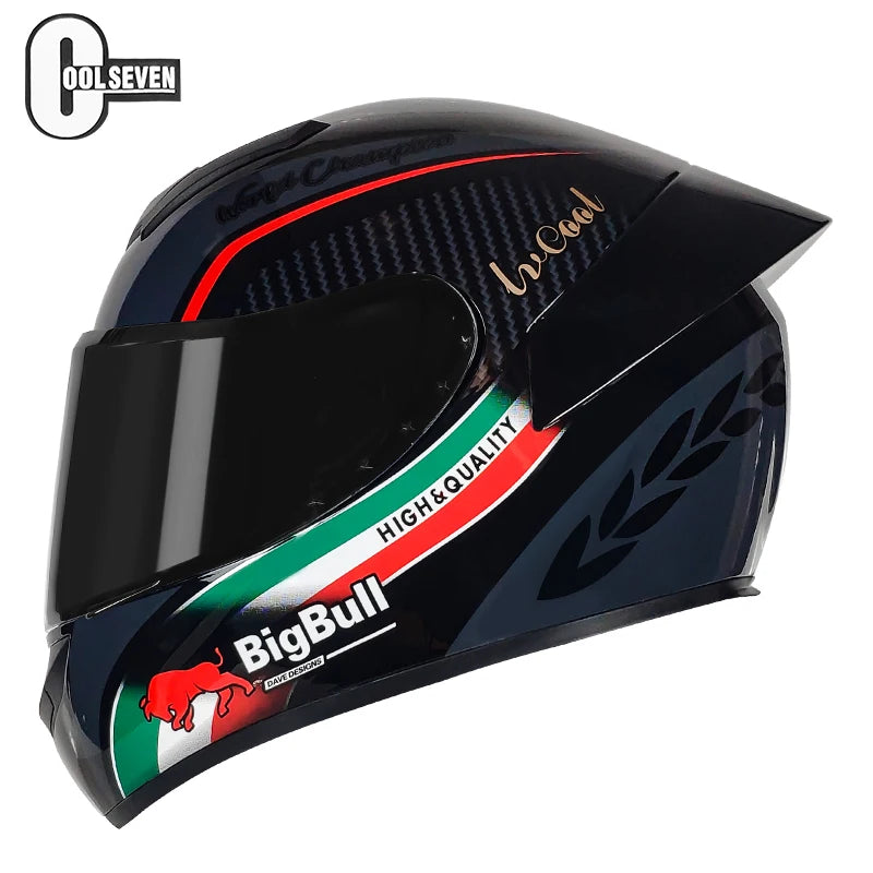 Black motorcycle helmet with visible branding on a white background